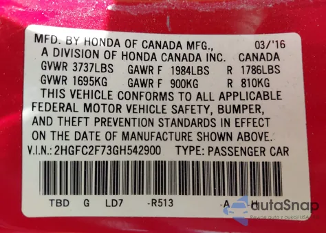 2016 Honda Civic Ex z USA, uszkodzony, nr VIN 2HGFC2F73GH542900